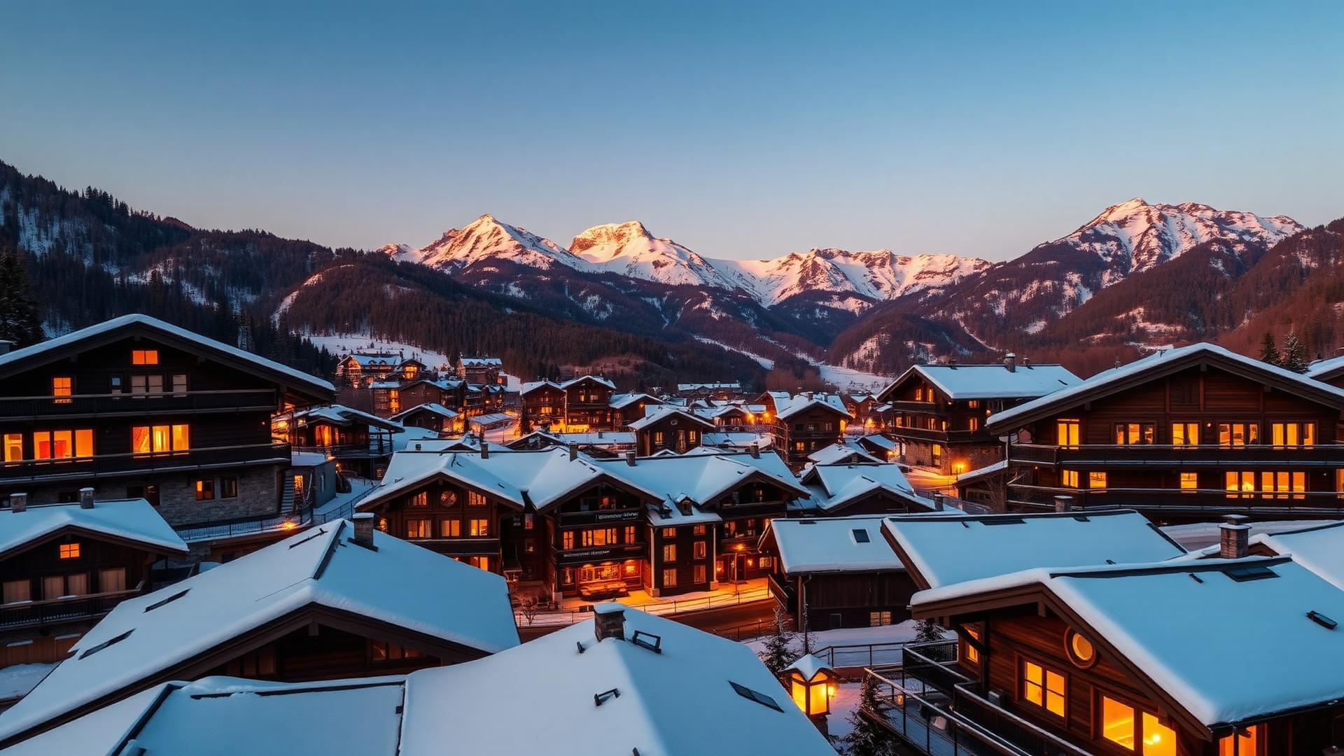 Morzine village at dusk with snow-covered luxury chalets and the Portes du Soleil mountains